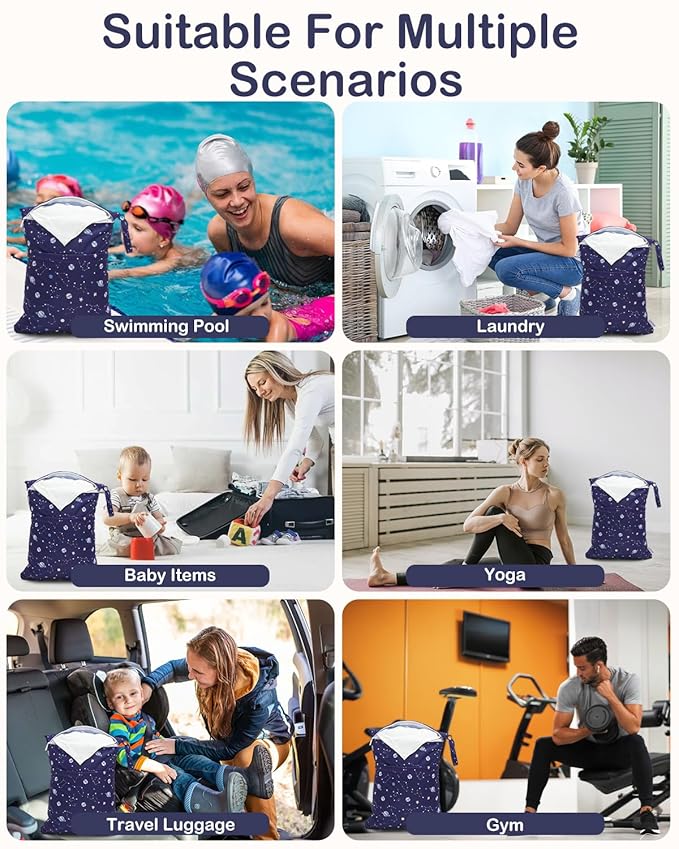 ALVABABY 3pcs Cloth Diaper Wet Dry Bags Waterproof Reusable with Two Zippered Pockets Travel Beach Pool Daycare Soiled Baby Items Yoga Gym Bag for Swimsuits or Wet Clothes 3L-ZM32