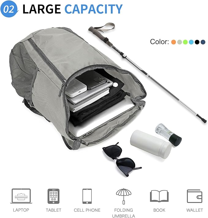 Hiking Backpack, 20L Packable Daypack for Men Women, Nylon with Adjustable Straps, Lightweight Waterproof Outdoor Camping Travel, Grey