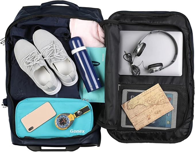 Gonex Rolling Duffle Bag with Wheels, 70L Water Repellent Wheeled Travel Duffel Luggage with Rollers 25 inch, Navy
