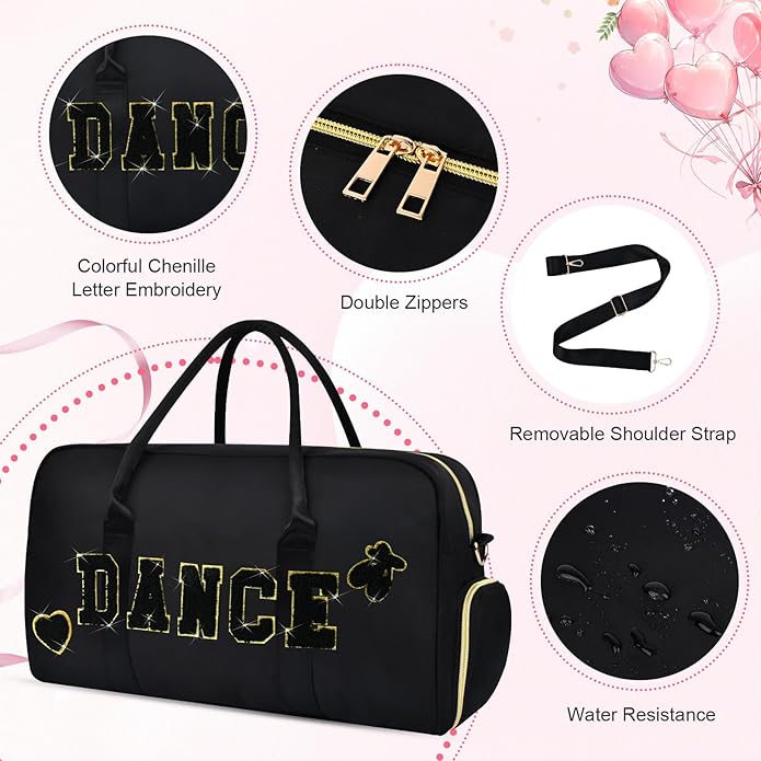 Dance Bag for Girls 2PCS Ballet Cheer Bag with Shoes Compartment Chenille Letter Embroidery for Dancer Travel Overnight bag