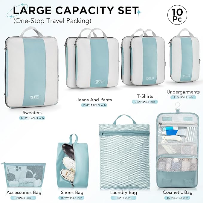 10 Set Compression Packing Cubes for Travel Essentials,Compressible Expandable Packing Cubes for Suitcase,OlarHike Luggage Organizer Bags for Travel,Handy Helper for Organizing Clothes(Blue Gray)
