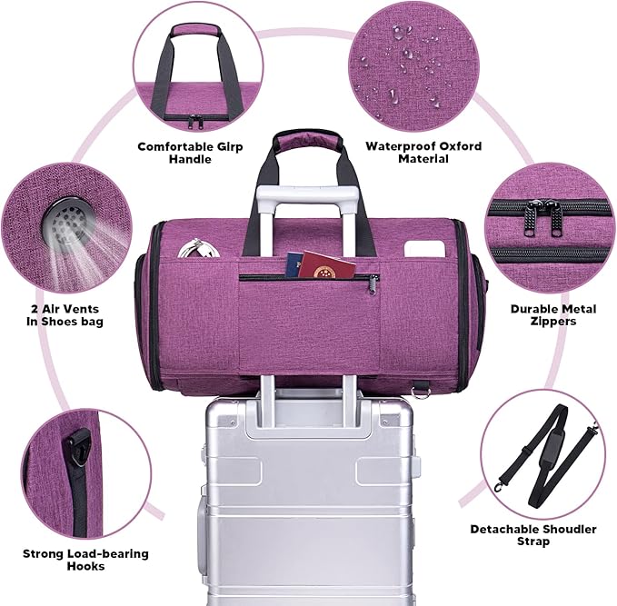 Convertible Garment Bag with Shoulder Strap, 58L capacity Garment Duffle Bags for Travel 4 in 1 Foldable Carry on Garment Bags Suit Bag with Shoes Compartment Garment Bag for Men Women,Purple
