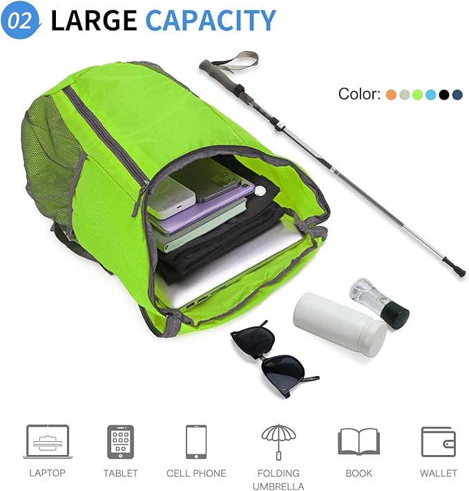 Hiking Backpack, 20L Packable Daypack for Men Women, Nylon with Adjustable Straps, Lightweight Waterproof Outdoor Camping Travel, Green