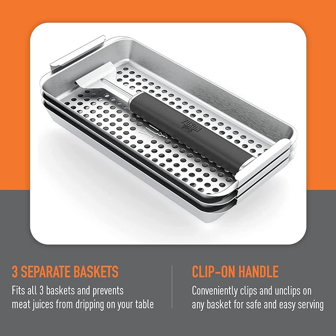 Yukon Glory™ BBQ 'N SERVE Grill Basket Set - Includes 3 Grilling Baskets a Serving Tray & Clip-on Handle - "Patented Grill-to-Table Design" Perfect For Grilling Fish Veggies & Meats