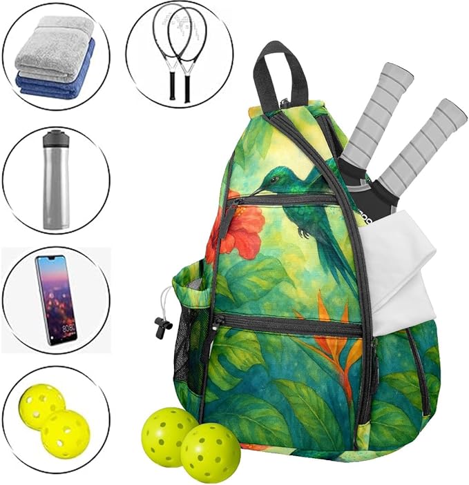 Pickleball Bag Hummingbird Green Pickle Ball Backpack for Women Men Premium Lightweight Crossbody Sling Bag Sports Backpack for Pickleball Paddle Tennis