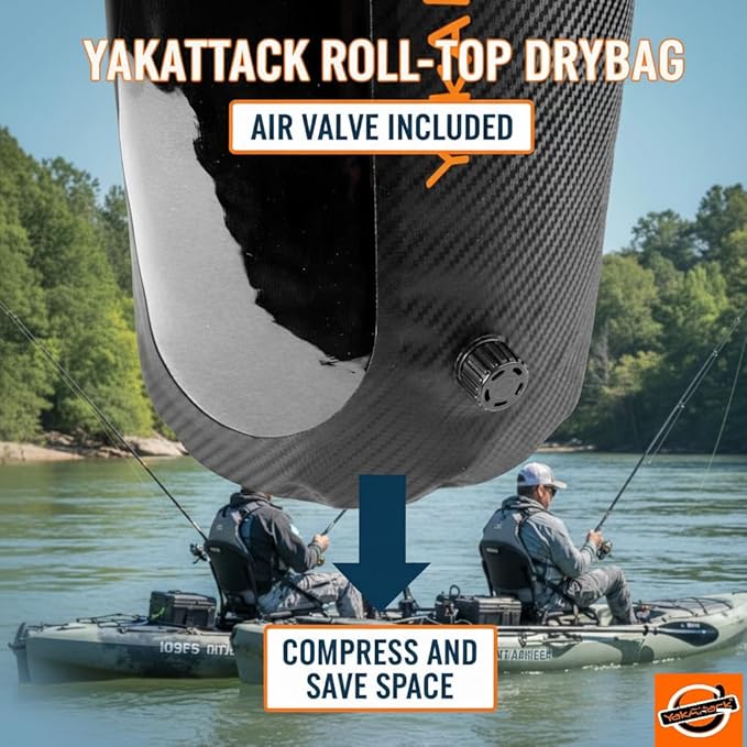 YakAttack 5L Roll-Top Drybag with Air Valve - Black Carbon | Waterproof Marine Dry Bag for Kayaking, Boating & Paddleboarding | Heavy Duty Small Drybag for Gear Protection | Compact Kayak Storage Bag