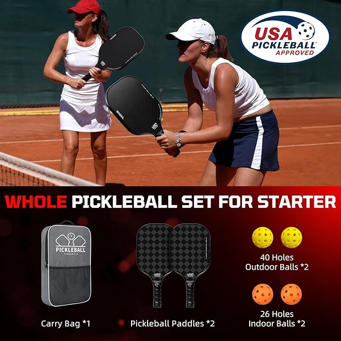 BAGAIL Pickleball Paddles, USAPA Approved Fiberglass Surface Pickleball Set, Lightweight Pickle Ball Rackets with 4 Balls, 1 Bag, Designed in California for Traction and Stability