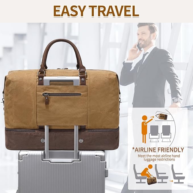 FENGDONG Weekender Bag Large Overnight Bag for Men Women Tote with Shoe Compartment Canvas Carry on Luggage Bag Travel Duffel Bag Brown