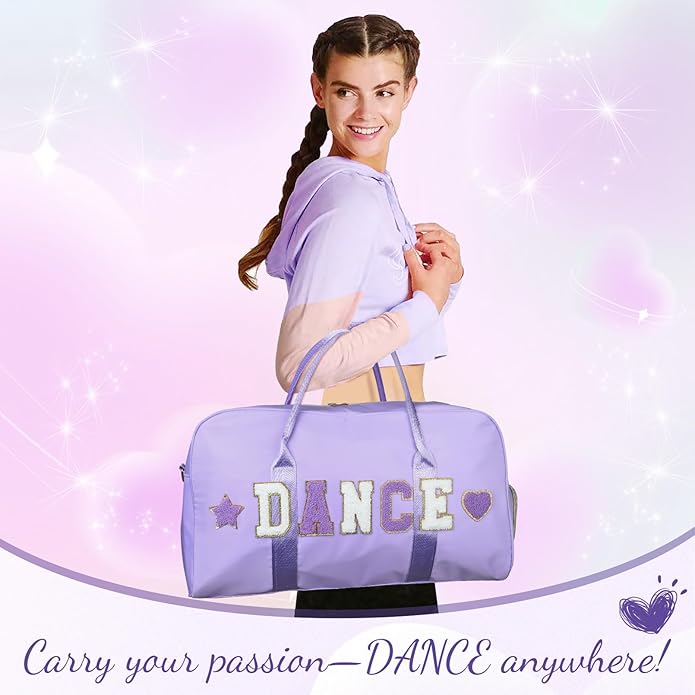 Dance Bag for Girls 2PCS Ballet Cheer Bag with Shoes Compartment Chenille Letter Embroidery for Dancer Travel Overnight bag
