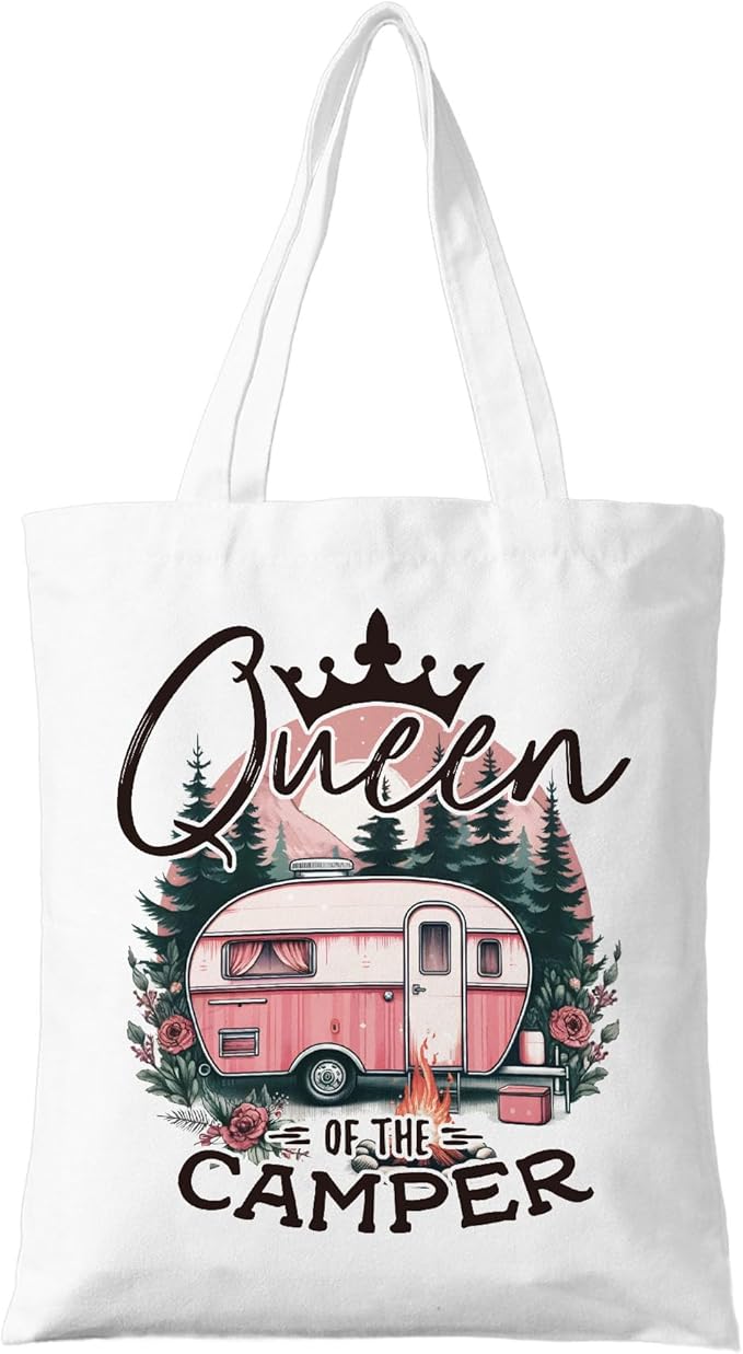 Queen of the Camper Tote Bag, RV Life Canvas Bag for Camping Moms, Funny Road Trip Gift for Travel Lovers, Durable Reusable Shopper for Glamping & Outdoor Adventures. (110)