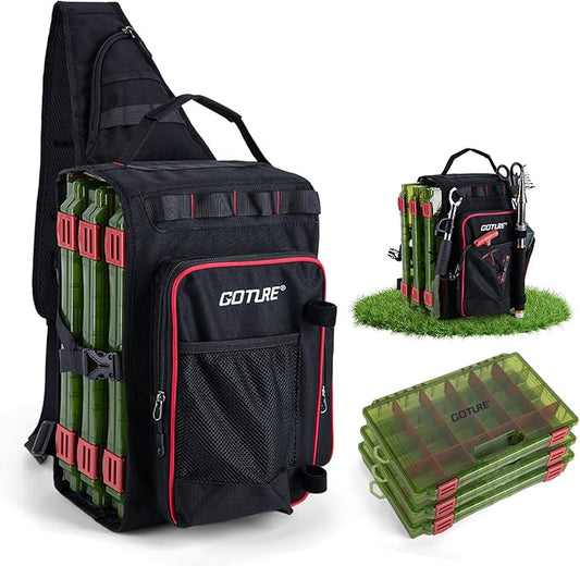 Goture OpenSide Tactical Sling Tackle Bag with 3 3700 Tackle Trays, Lightweight Fishing Backpack Storge Fishing Gear - Black Bag Outdoor,Gift for men