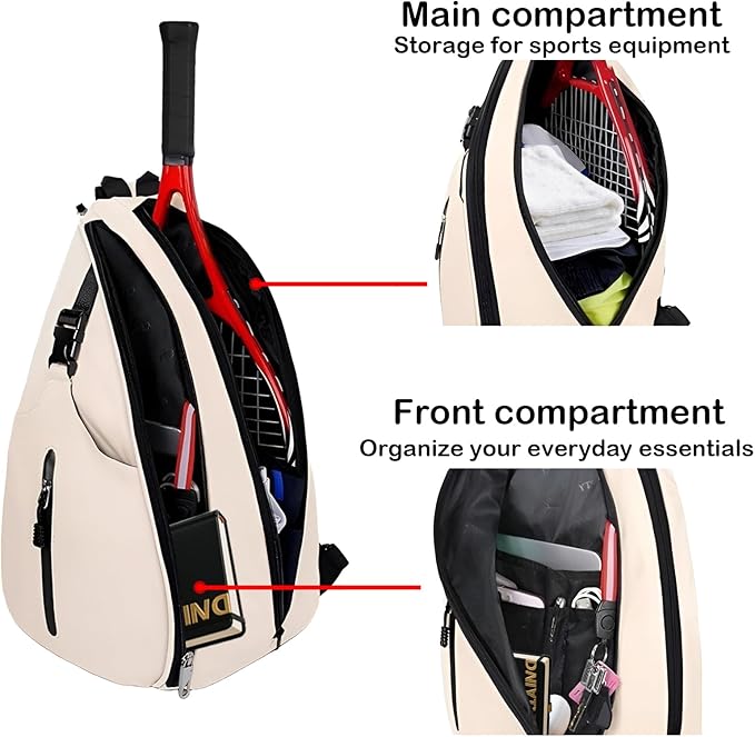 Beige Pickleball Sling Bag - Lightweight Crossbody Design Holds 2 Paddles & 6 Balls - Ventilated Water Bottle Holder, Multiple Compartments - Fit for Drills, Casual Play & Travel