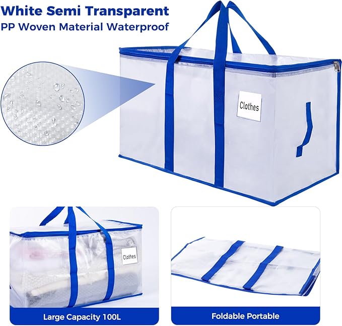 105L Moving Bags 6 pack Storage Bag Large Moving Boxes with Lids, Zippers Handles for Moving Totes Bins, College Dorm, Traveling, Camping, Christmas