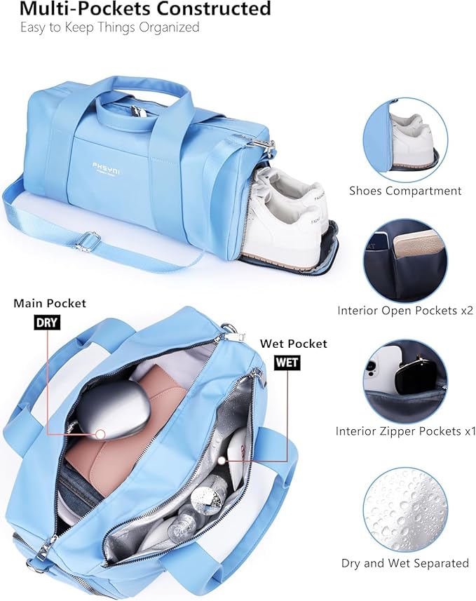 Sports Small Gym Bag for Women, Cute Mini Duffle Bag with Wet Pocket & Shoes Compartment, Personal Item Travel Workout Bag, 16"- Small, Sky Blue