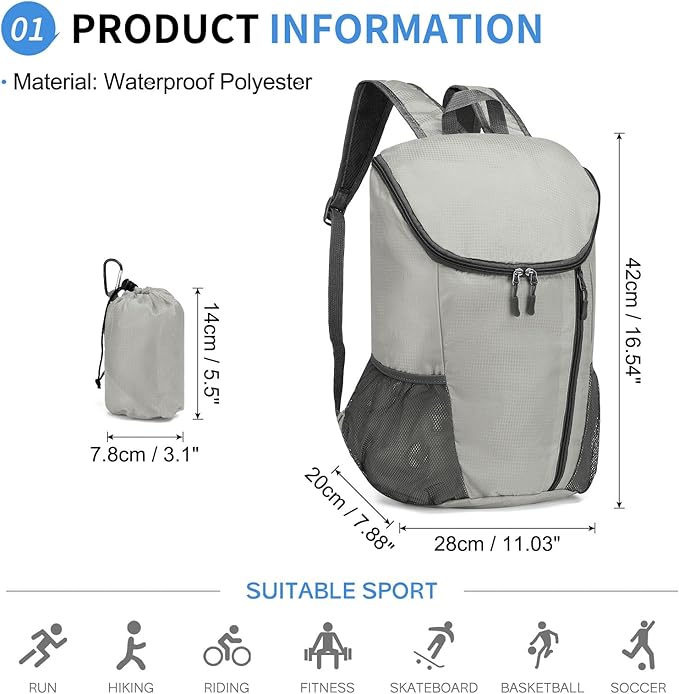 Hiking Backpack, 20L Packable Daypack for Men Women, Nylon with Adjustable Straps, Lightweight Waterproof Outdoor Camping Travel, Grey