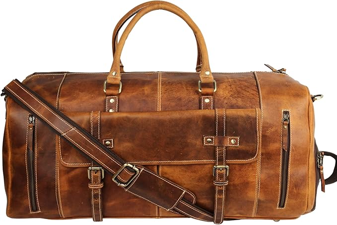KomalC 24 Inch Leather Duffle Bags for Men and Women Travel Overnight Weekend Bag Sports Gym Duffel for Men (Tan with Shoe pocket)