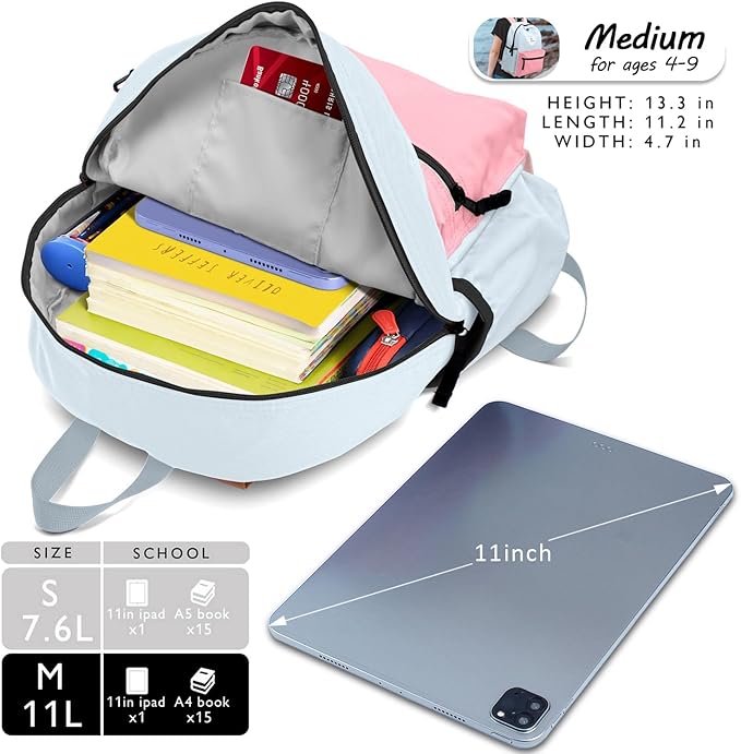 atgark Kids Backpack, 1.0L, Cotton Candy, Kindergarten Elementary School, Lightweight, Soft Shell, Zipper, Unisex, Little Kid, Nylon, 13"H Fit A4 Folder, Adjustable Straps