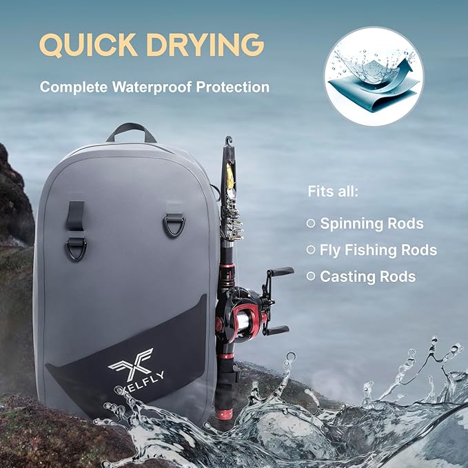 Xelfly Waterproof Fishing Sling Backpack Bag with Rod Holder, Gear Loops - Submersible Zipper, Rugged Top Handle, Adjustable Attachments (Gray)