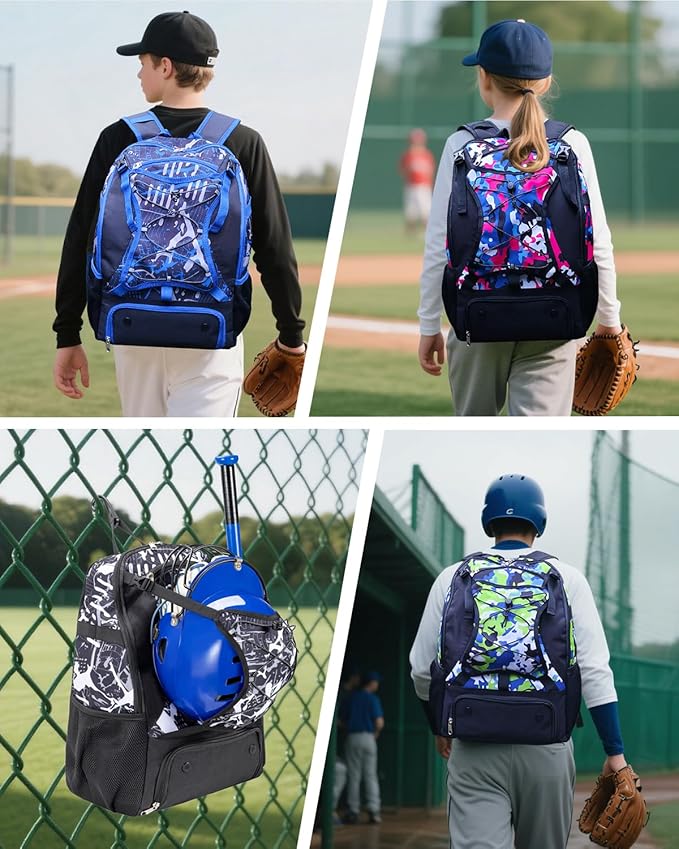 Youth Baseball Bag, Softball Bat Bag for Girls Boys & Adults, Kids Tball Backpack with Shoes Compartment, Large Capacity Equipment Backpack