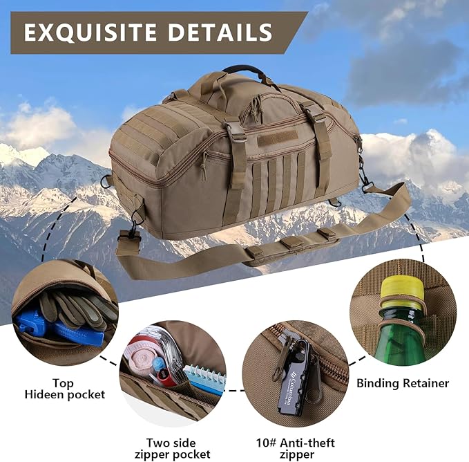 55L Large Duffle Bag, 3-in-1 Tactical Backpack MOLLE Pack for Gym, Sports, Outdoor, Coyote