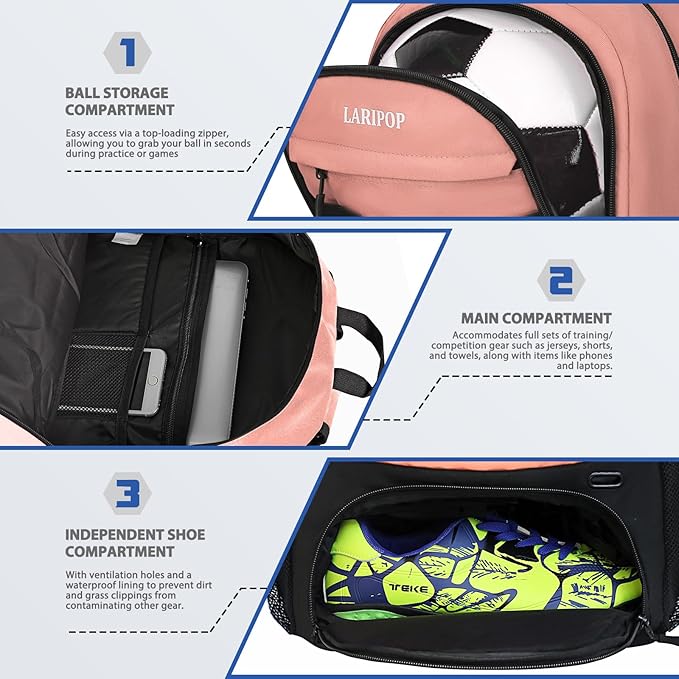 LARIPOP Soccer Backpack,Soccer Bag with Ball Holder and Shoe Compartment,Sports Equipment Training Bags Fits Basketball