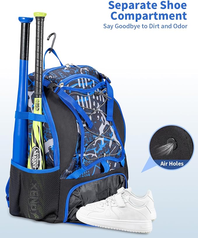 Youth Baseball Bag, Softball Bat Bag for Girls Boys & Adults, Kids Tball Backpack with Shoes Compartment, Large Capacity Equipment Backpack