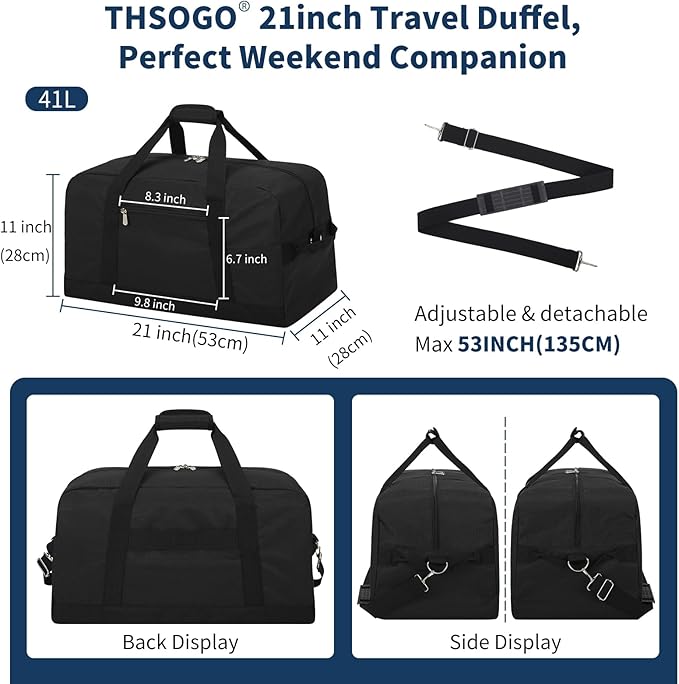 21 inch Gym Bag for Men - 40L Travel Duffel Bag Sport Duffle Bags for Weekend Overnight with Bottom Support (Black）