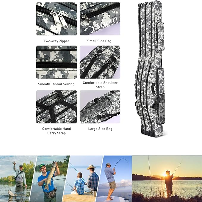 3 Layers Fishing Pole Bag,Portable 3 Layers Oxford Folding Rod Carry Case,Fishing Reel Tackle Storage Bag Case