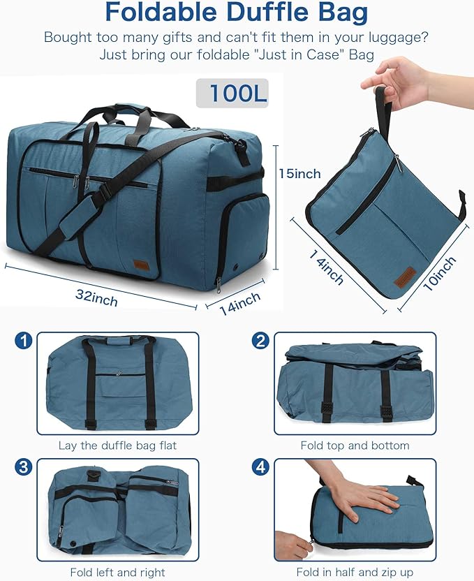 100L Travel Duffle Bag for Men, Urtala 32” Large Duffle Bag for Traveling with Shoe Compartment, Foldable Travel Duffel Bag for Men Women Waterproof & Tear Resistant (Light Blue, EXTRA LARGE, 100L)