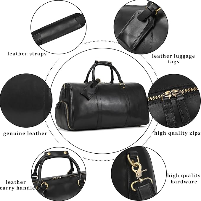 Leather Duffel Bags for Men and Women 20 Inch Full Grain Leather Travel Overnight Weekend Leather Bags Travel Duffel for Men, 9804 Black