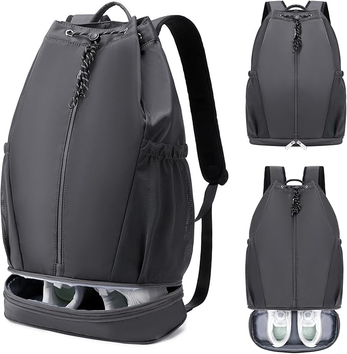 mygreen Gym Drawstring Backpack with Shoe Compartment – Waterproof Sports Bag, Lightweight & Breathable for Gym, Travel, Yoga | Large Capacity, Foldable Design Dark Grey
