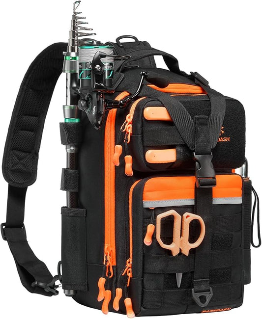 BASSDASH Convertible Fishing Backpack Sling Bag with Rod Holder, Adjustable Tactical Water-Resistant Tackle Storage Pack FP07