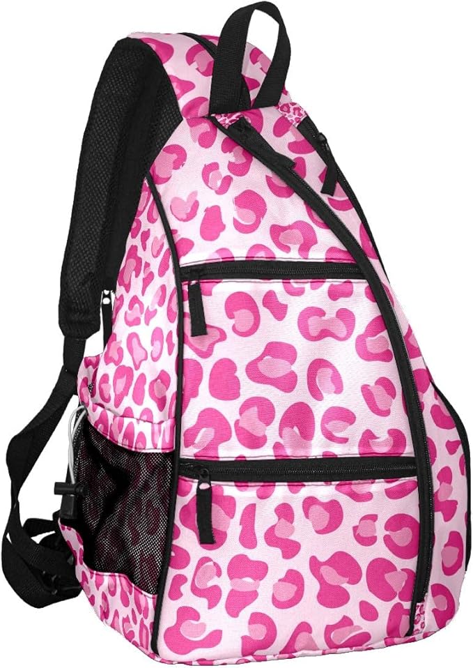 Pickleball Bag Pink Leopard Print Pickle Ball Backpack for Women Men Premium Lightweight Crossbody Sling Bag Sports Backpack for Pickleball Paddle Tennis