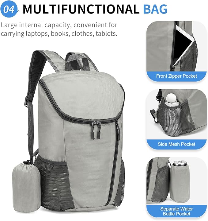 Hiking Backpack, 20L Packable Daypack for Men Women, Nylon with Adjustable Straps, Lightweight Waterproof Outdoor Camping Travel, Grey