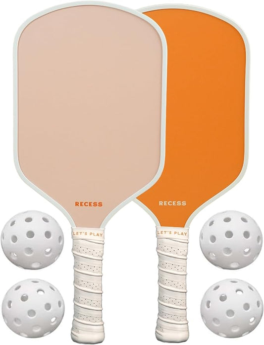 Recess Pickleball Starter Set of Premium Pickleball Paddles and Four (4) Pickle Balls - Lightweight, Honeycomb Core & Comfort Grip Handles - Perfect for Beginners