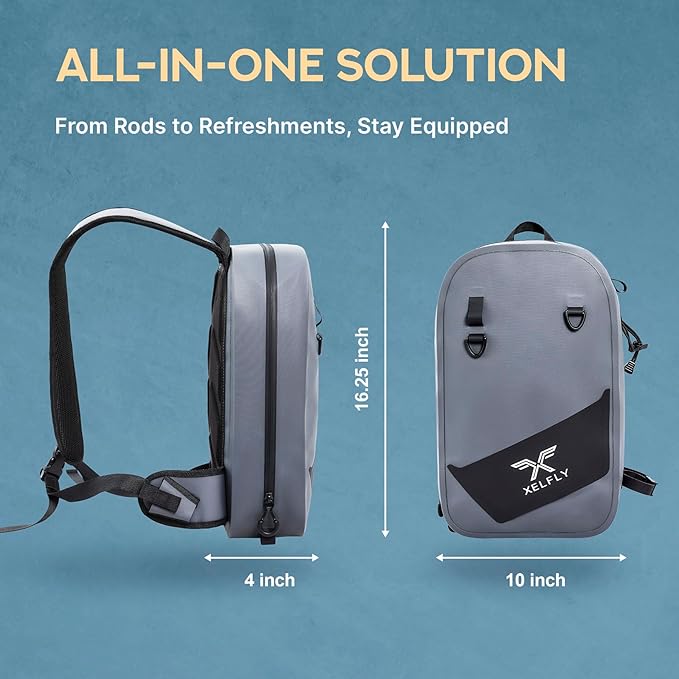 Xelfly Waterproof Fishing Sling Backpack Bag with Rod Holder, Gear Loops - Submersible Zipper, Rugged Top Handle, Adjustable Attachments (Gray)
