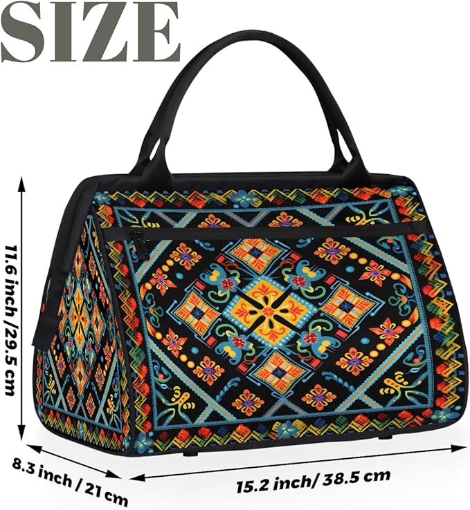Travel Duffle Bag, Carpet Flowers Pattern Aztec Overnight Weekender Tote Bag for Women Men Waterproof Carry On Luggage with Zipper Lightweight Sport Gym Bag for Traveling Yoga Camping Traveling Gifts