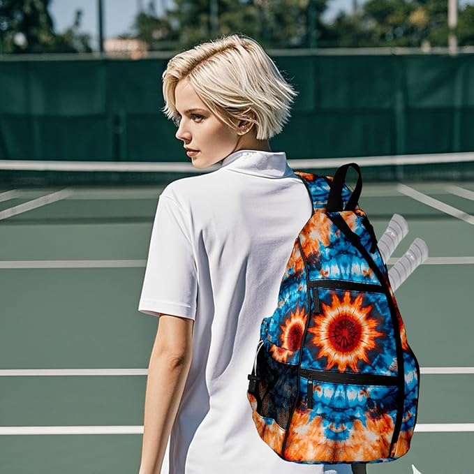 Pickleball Bag Blue Orange Tie Dye Pickle Ball Backpack for Women Men Premium Lightweight Crossbody Sling Bag Sports Backpack for Pickleball Paddle Tennis