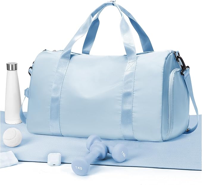 Gym Duffle Bag for Women Carry on Luggage Travel Essentials Airline Approved Personal Item 18x14x8 Inches Lightweight Weekender Sports Travel Duffel Bag with Shoe Compartment Wet Pocket Men LightBlue