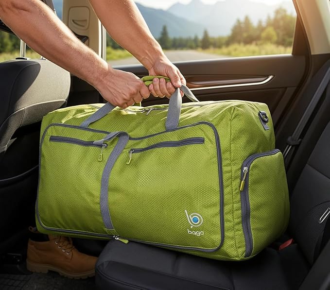 Bago Foldable Duffel Bags for Traveling Women & Men - 60L Medium Packable Duffle Bag for Travel with Shoe Compartment - Water Repellant, Heavy Duty, Lightweight Folding & Collapsible (Green)