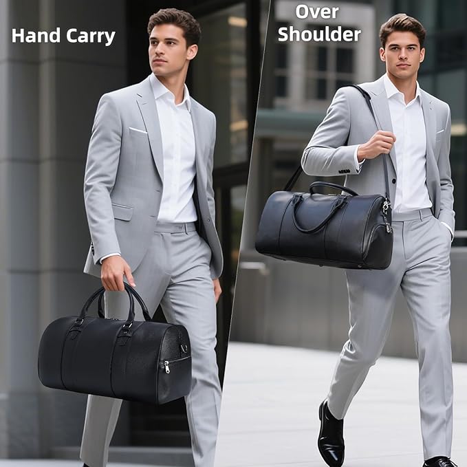 Masa Kawa Black Leather Duffle Bag for Travel Men, 31L Carry On Waterproof Foldable Duffel Bag with Shoe Compartment for Gym, Sports, Overnight Weekender Camping