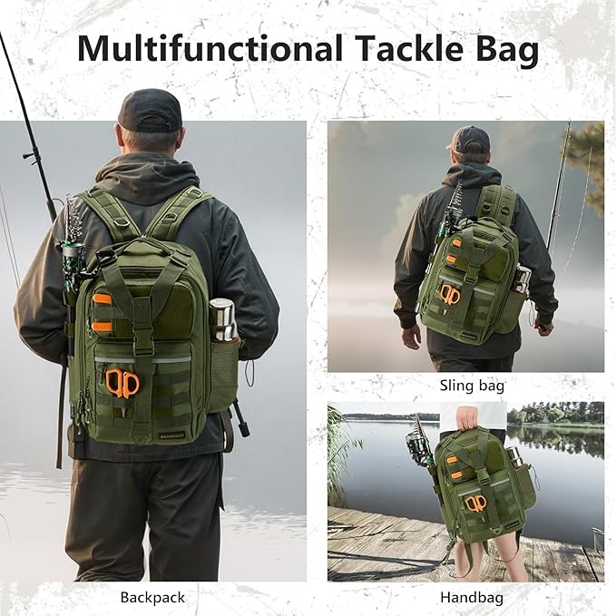 BASSDASH Convertible Fishing Backpack Sling Bag with Rod Holder, Adjustable Tactical Water-Resistant Tackle Storage Pack FP07