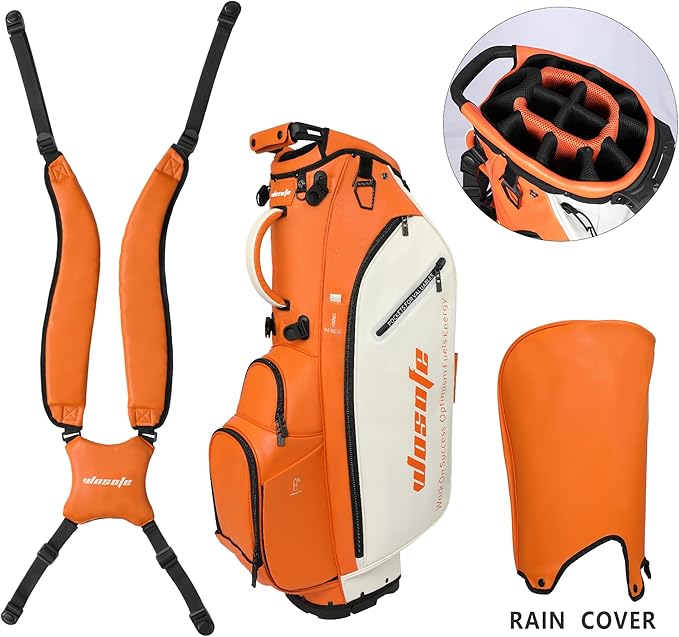 WOSOFE PU Golf Bag with 6/14 Way Top Dividers Automatically Adjustable Dual Straps Elegant Design for Men Women Pu Golf Stand Bag with Multiple Pockets