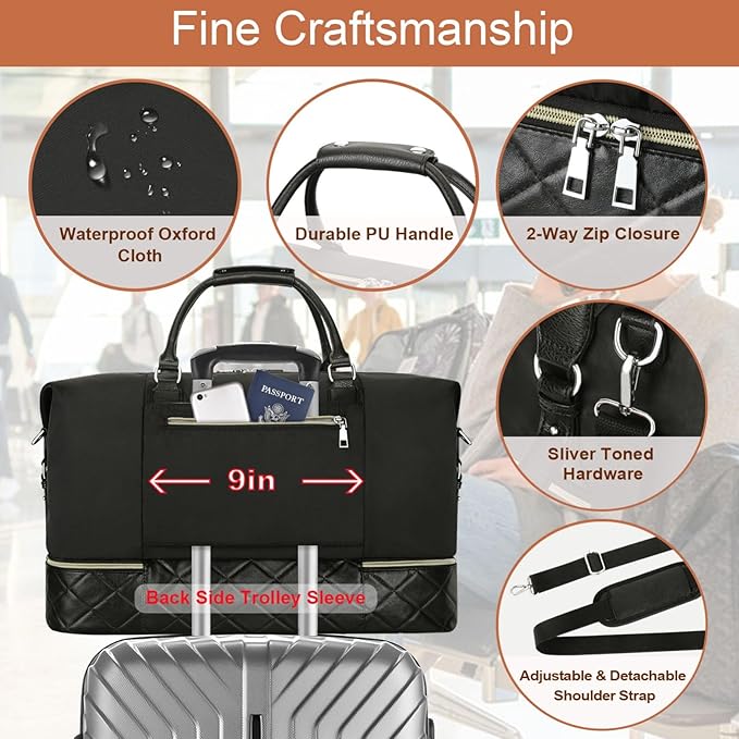 Weekender Bag for Women, Travel Duffel Bag Carry On Overnight Bag with Shoe Compartment Large Nylon Travel Weekend Tote Bag