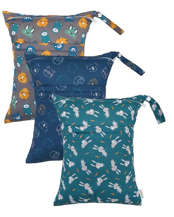 ALVABABY 3pcs Cloth Diaper Wet Dry Bags Waterproof Reusable with Two Zippered Pockets Travel Beach Pool Daycare Soiled Baby Items Yoga Gym Bag for Swimsuits or Wet Clothes 3L-ZM31