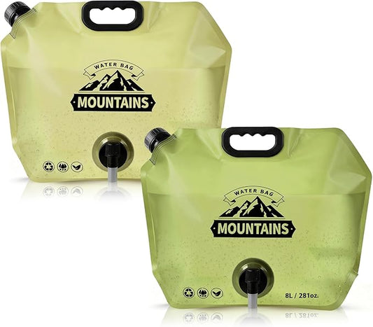 Collapsible 8L Water Storage Bag, BPA-Free Portable Folding Water Jug with Adjustable Faucet, Leakproof Emergency Water Bag for Camping, Hiking, Riding, Outdoor Sport (2, Beige & Green)