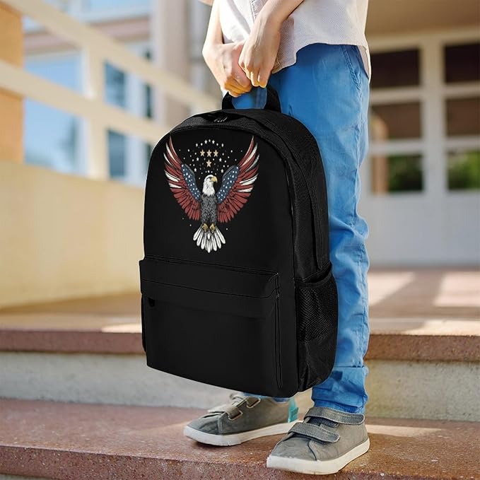 Black Backpack for Travel College Work Airplane Accessories, Bag with Sturdy Strap, Portable American Flag And Bald Eagle Patriotic Black Laptop Bags for Adult