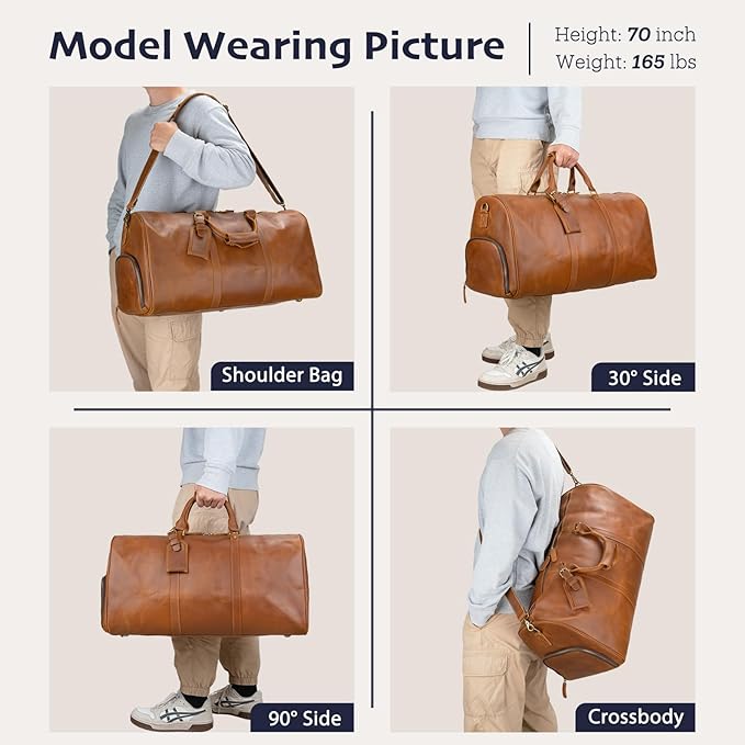Leather Duffle Bags for Men with Shoe Compartment – 23.6" x 12.6" x 11" Travel Bag, Gym Bag, Also Suitable for Crossbody or Shoulder Carry, Light Brown Large Size