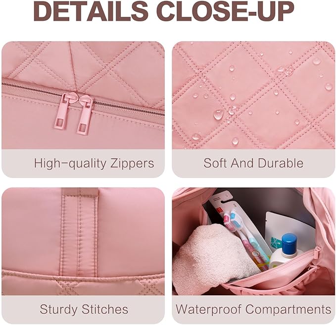 Weekender Bag for Women Men, Large Overnight Bag Faux Leather Travel Duffel Bag with Shoe Compartment Toiletry Packing Cube Carry On Bag Fit 21" Laptop 3Pcs Set (2PCS Pink)