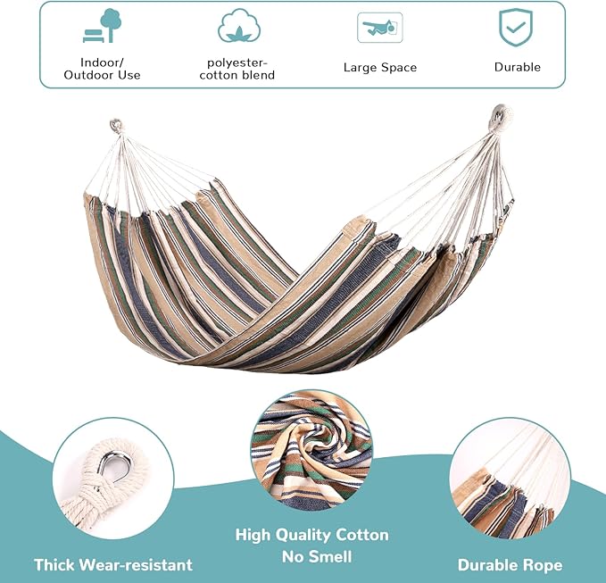 Portable Hammock, 500 lbs Capacity, Multi-Color Stripes, with Tree Straps and Carrying Bag, Suitable for Outdoor, Indoor, Hiking, Beach, Backpacking, Camping Essential Equipment